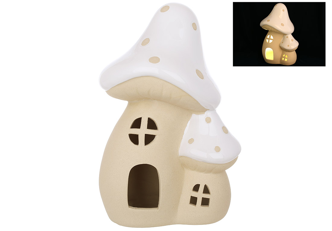 Керамічний будиночок Гриб з LED підсвічуванням, 12.6*10*19.5см, колір - бежевий з білим - Фото