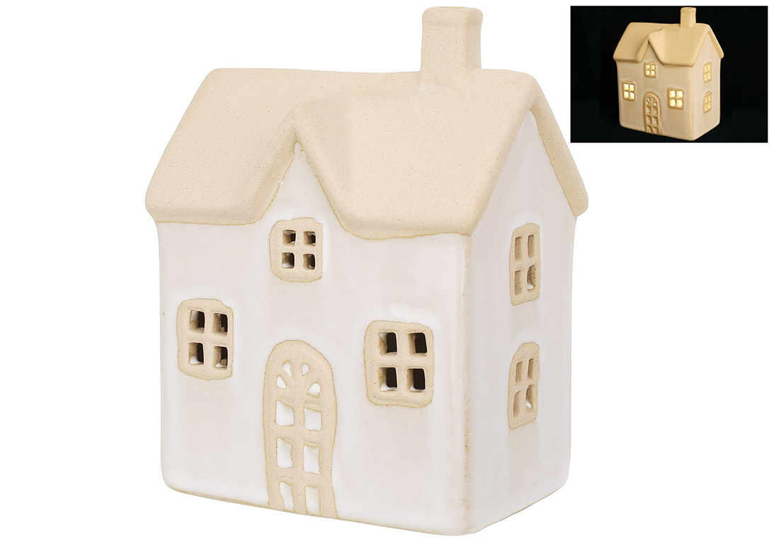 Керамічний будиночок з LED підсвічуванням, 8.7*6*11.5см, колір - бежевий матовий - Фото