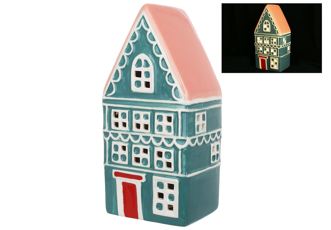 Керамічний будиночок з LED підсвічуванням, 9*7.3*19.5см, колір - бірюза з рожевим - Фото