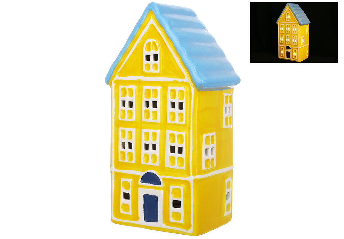 Керамічний будиночок з LED підсвічуванням, 10.5*7*19.3см, колір - жовтий з блакитним - Фото