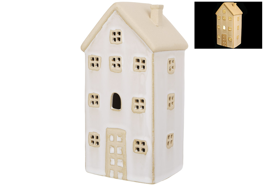 Керамічний будиночок з LED підсвічуванням, 8.2*7*16.5см, колір - бежевий - Фото