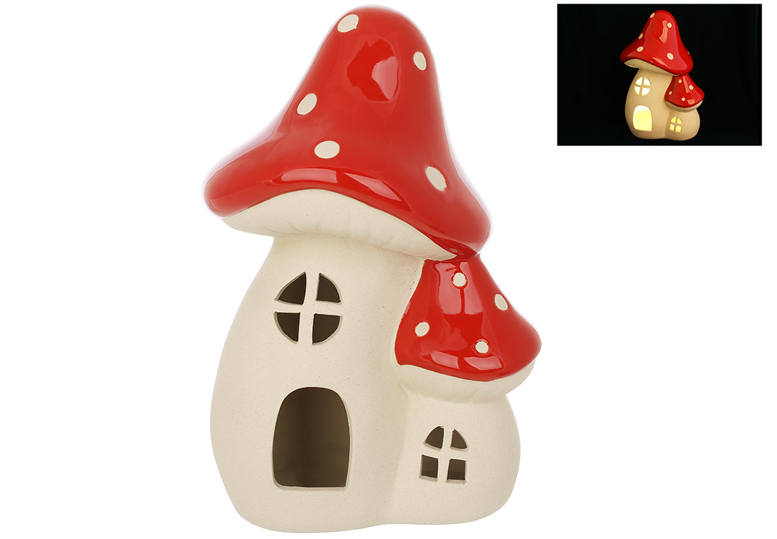 Керамічний будиночок Гриб з LED підсвічуванням, 12.6*10*19.5см, колір - бежевий з червоним - Фото