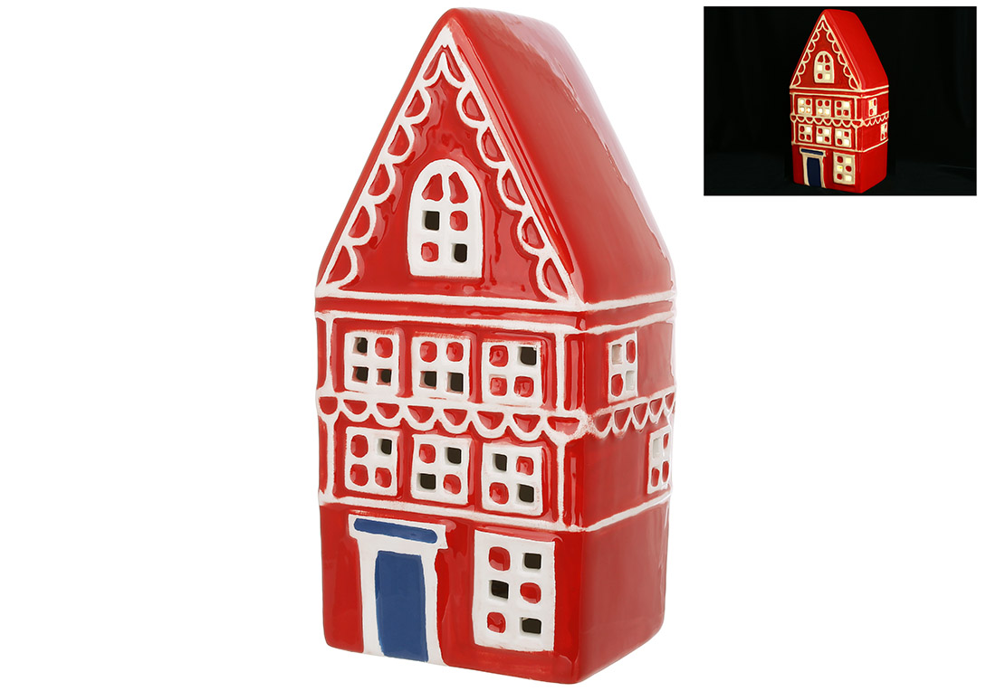Керамічний будиночок з LED підсвічуванням, 9*7.3*19.5см, колір - червоний з білим - Фото