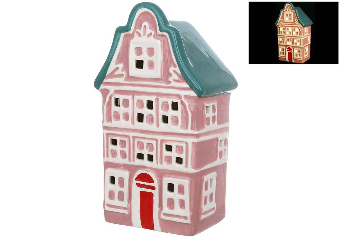 Керамічний будиночок з LED підсвічуванням, 10.4*7.6*19см, колір - бузковий з бірюзою - Фото