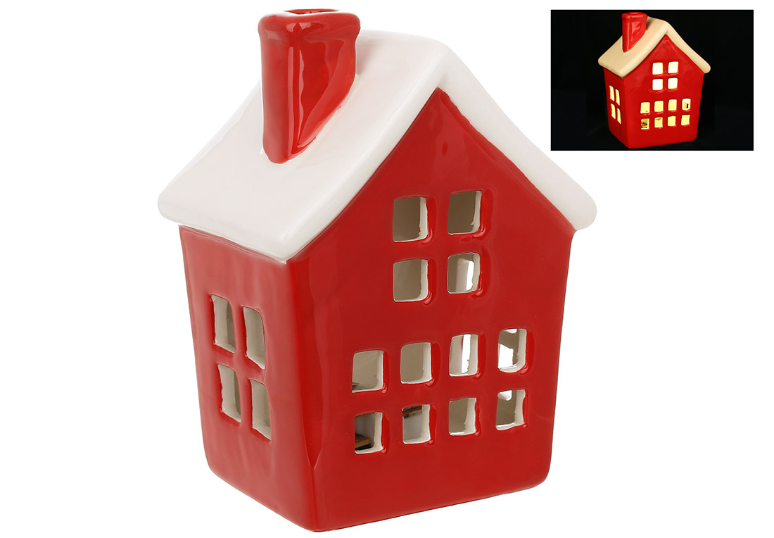 Керамічний будиночок з LED підсвічуванням, 7*6*10см, колір - червоний з білим - Фото