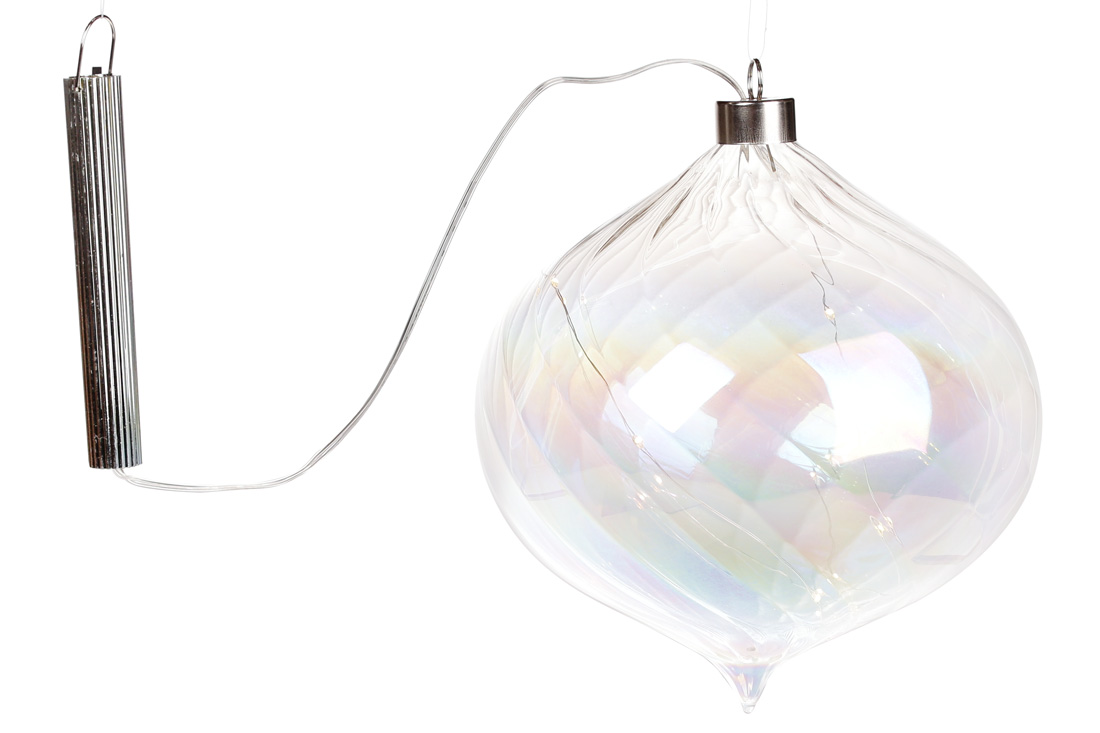 Ялинкова прикраса Цибуля з LED підсвічуванням (15 ламп), прозоре скло з діамантовим відливом, 18см, на батарейках (2хААА) - Фото