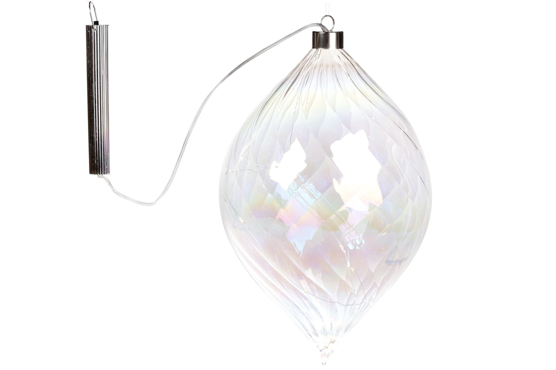 Ялинкова прикраса Олива з LED підсвічуванням (15 ламп), прозоре скло з діамантовим відливом, 16см, на батарейках (2хААА) - Фото