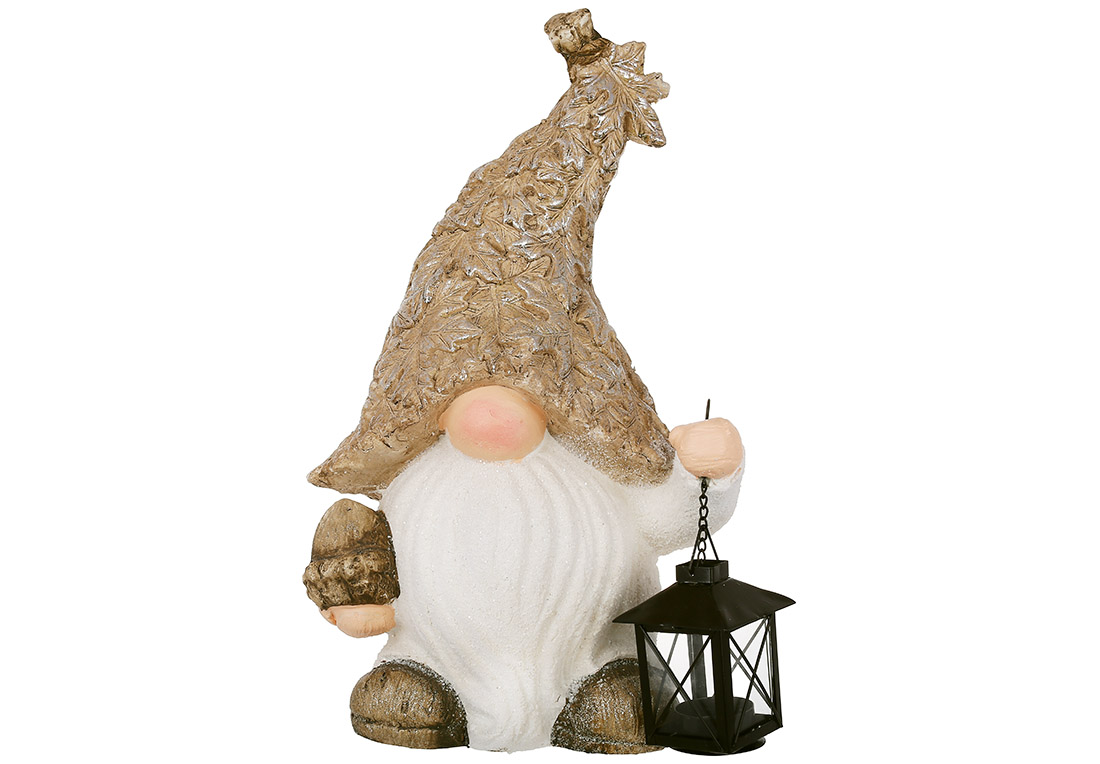 Декоративна фігура Гном з ліхтариком (свічка 40мм), 40см, колір - коричневий з білим, декор: цукрова присипка, поталь срібло - Фото