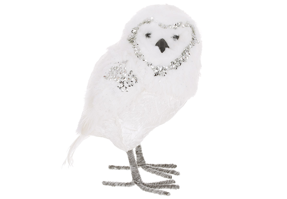 Новорічна фігура Сова 20см, колір - білий зі сріблом - Фото