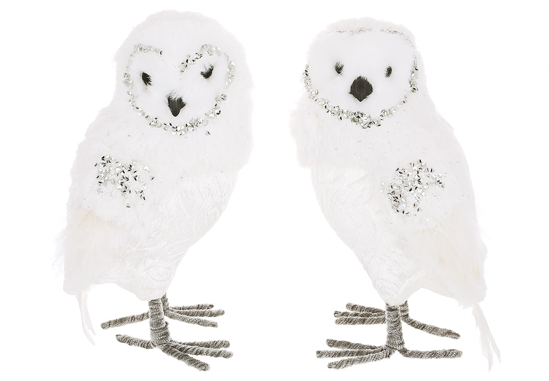 Новорічна фігура Сова 22см, 2 дизайни, колір - білий зі сріблом - Фото