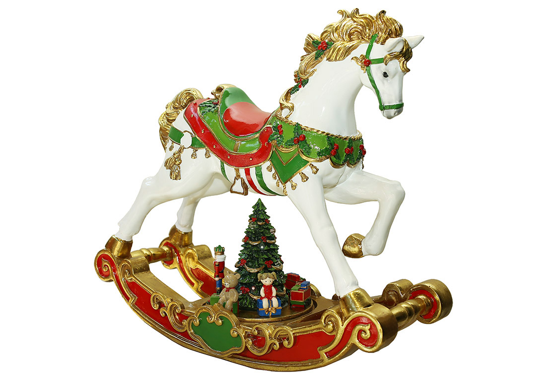 Декоративна фігура Конячка-гойдалка з LED підсвічуванням і музичною ялинкою яка обертається, на батарейках (3*AA), 57см - Фото
