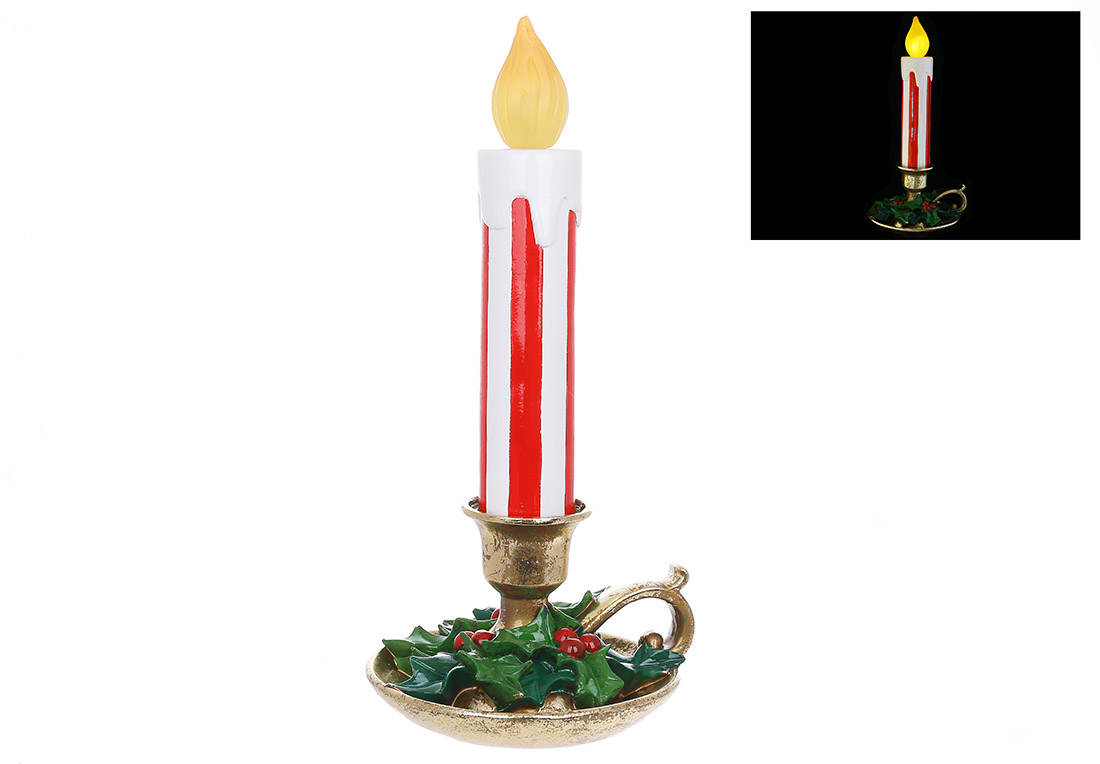 Декоративна фігура Свічка в золотому свічнику з LED підсвічуванням на батарейках (3*AA), 37.5см - Фото