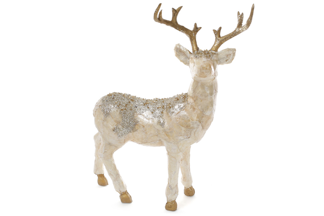 Декоративна фігура під ялинку Олень з декором з блискіток та бісеру, 40см, колір - шампань перламутр - Фото