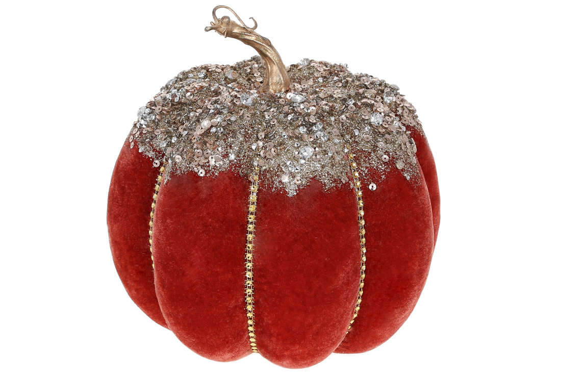 Новорічний декор Гарбуз з оксамитовим покриттям та декором зі страз, 21см, колір - темно-жовтогарячий - Фото