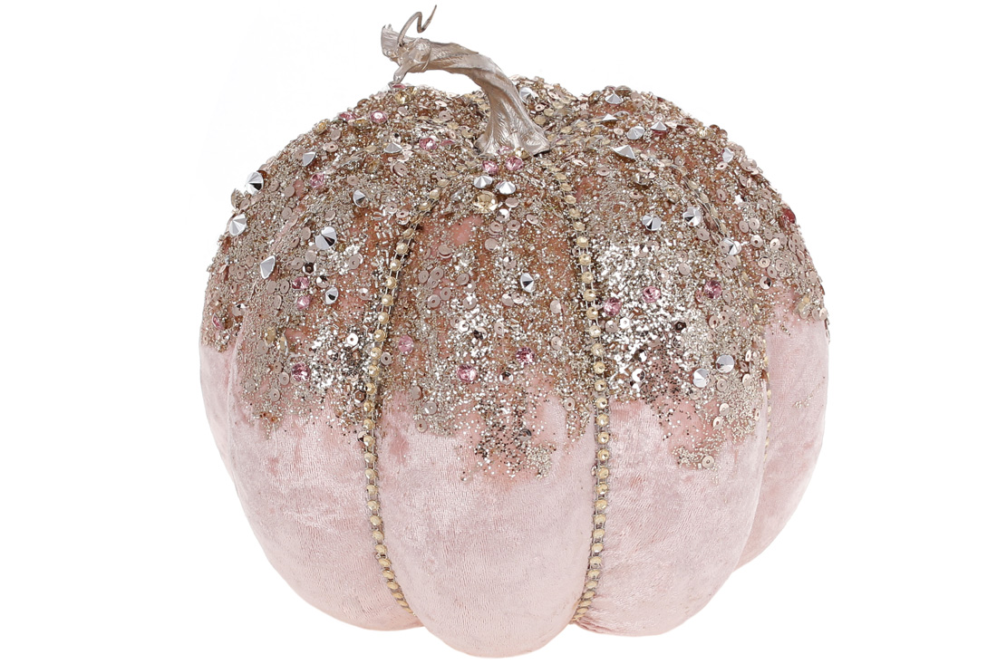 Новорічний декор Гарбуз з оксамитовим покриттям та декором зі страз, 21см, колір - ніжний рожевий - Фото