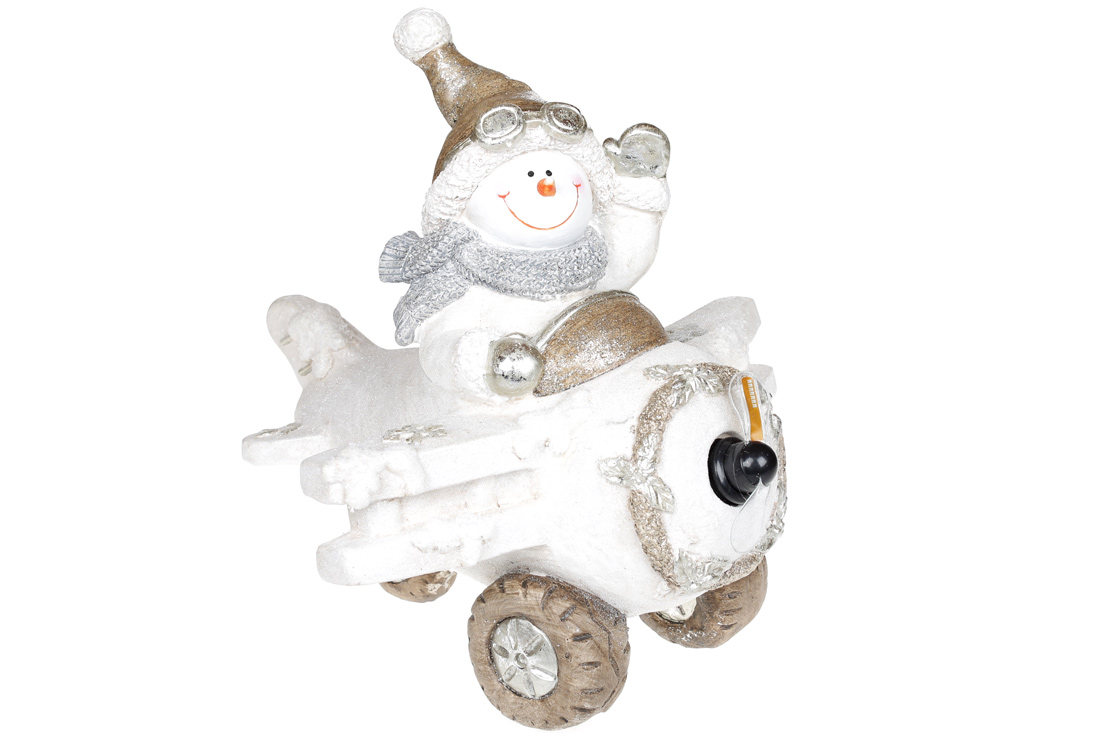 Декоративна фігура Сніговик в літаку з LED-підсвічуванням на батарейках (2xAAA), 37.5см, колір - білий - Фото