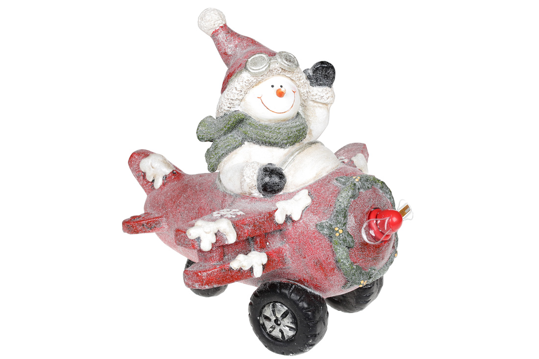 Декоративна фігура Сніговик в літаку з LED-підсвічуванням на батарейках (2xAAA), 37.5см, колір - червоний - Фото