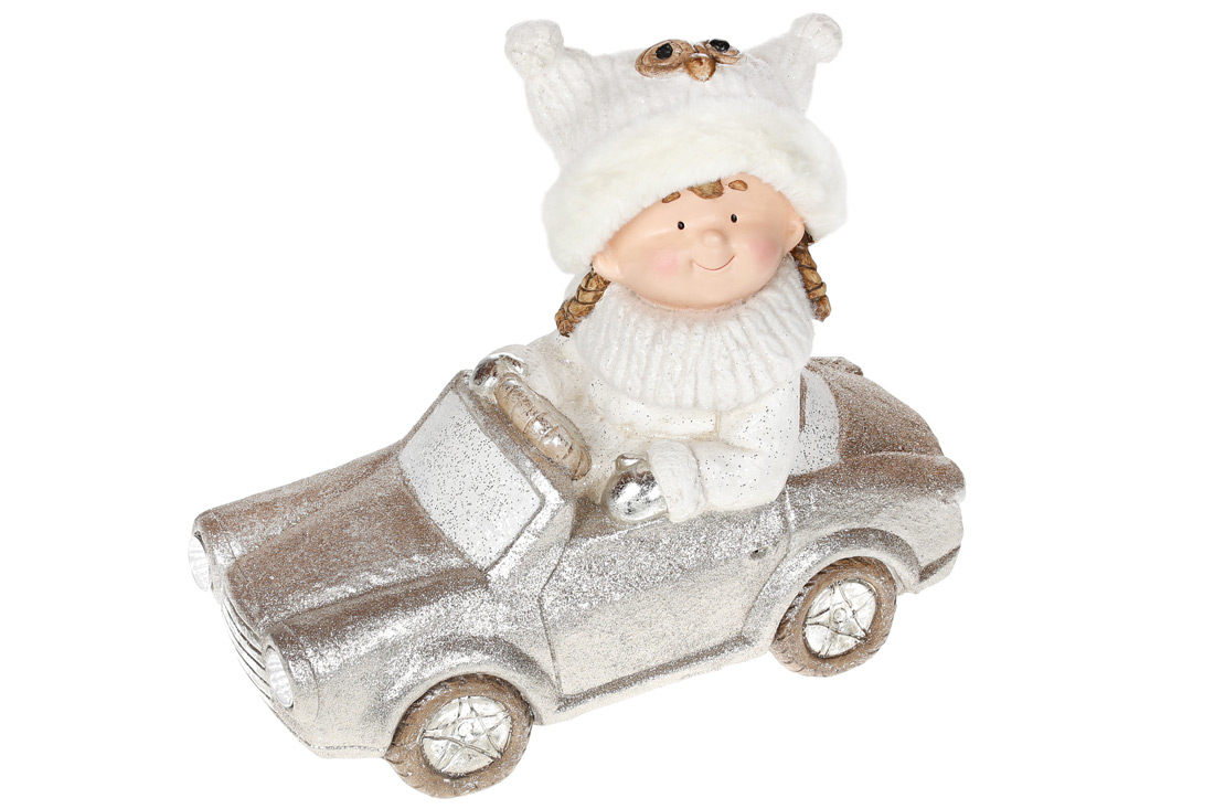 Декоративна фігура на сріблястій машині Дівчинка у шапці Сова з LED підсвічуванням, 40см - Фото