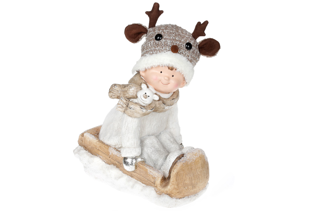 Декоративна фігура на санчатах Хлопчик у шапці Олень, 41см - Фото