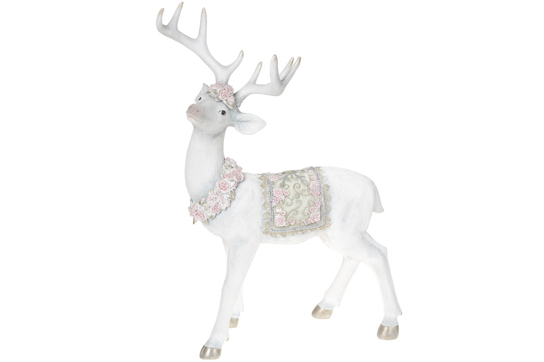 Декоративна фігура Олень у трояндах зі стразами 54см, колір - білий з рожевим - Фото