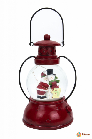 Фонарь музыкальный со снегом "Санта с помощниками" с подсветкой