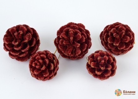 Елочное украшение "Шишки" с красным глиттером