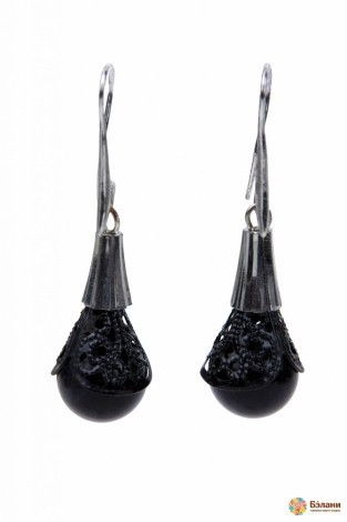 Серьги свисающие "Silver collection" с черными каплями