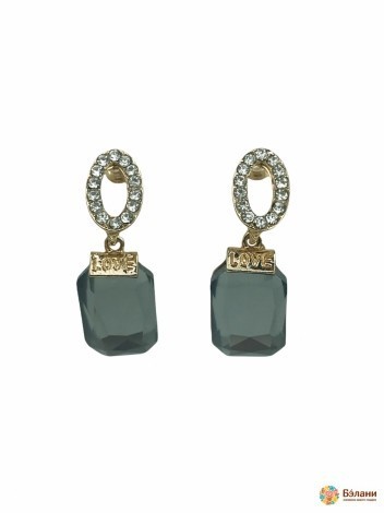 Серьги "Love" со стразами и дымчатыми кристаллами