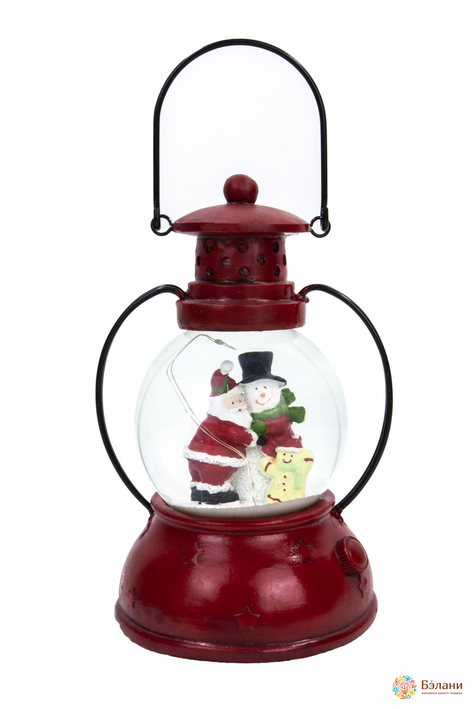 Ліхтар музичний зі снігом "Санта з помічниками" з підсвічуванням