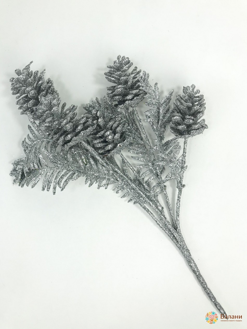 Новорічний декор "Гілочка з шишками" срібло