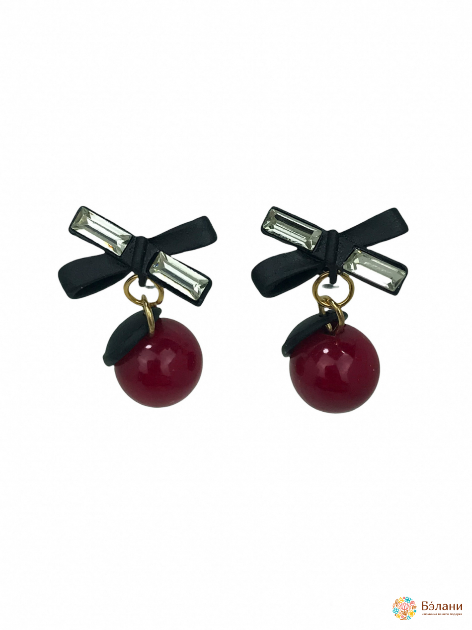 Сережки "Cherry" з бантом та кристалами червоні