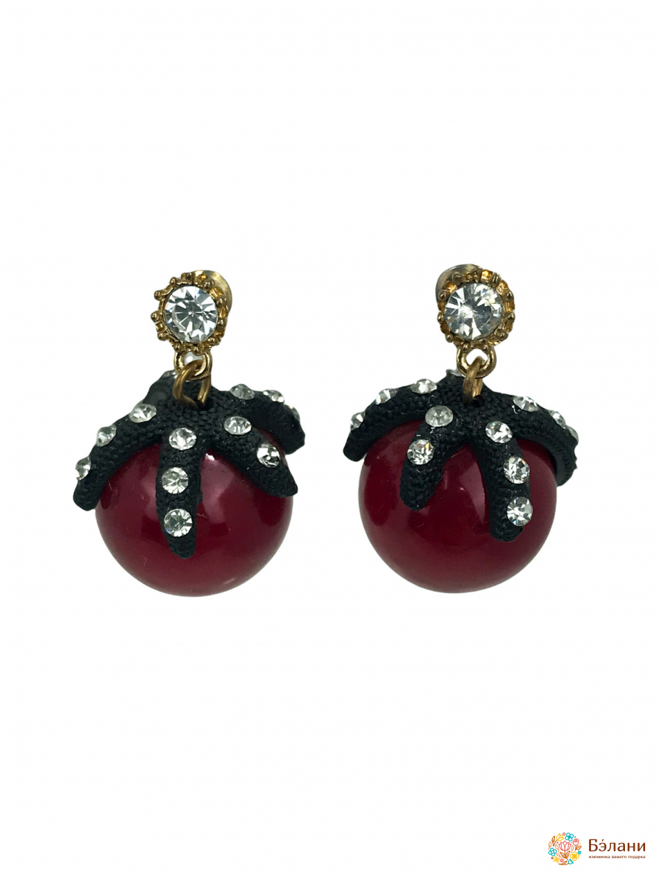 Сережки "Cherry" з квіточками та стразами червоні