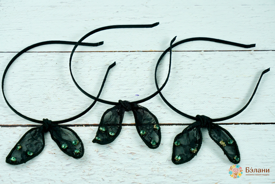 Обруч "Soloha" черный гипюр с тремя алмазами