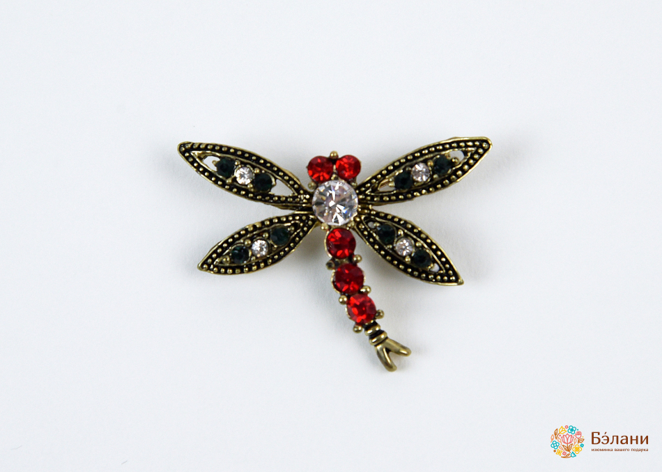 Брошь "Стрекоза с красными камнями"