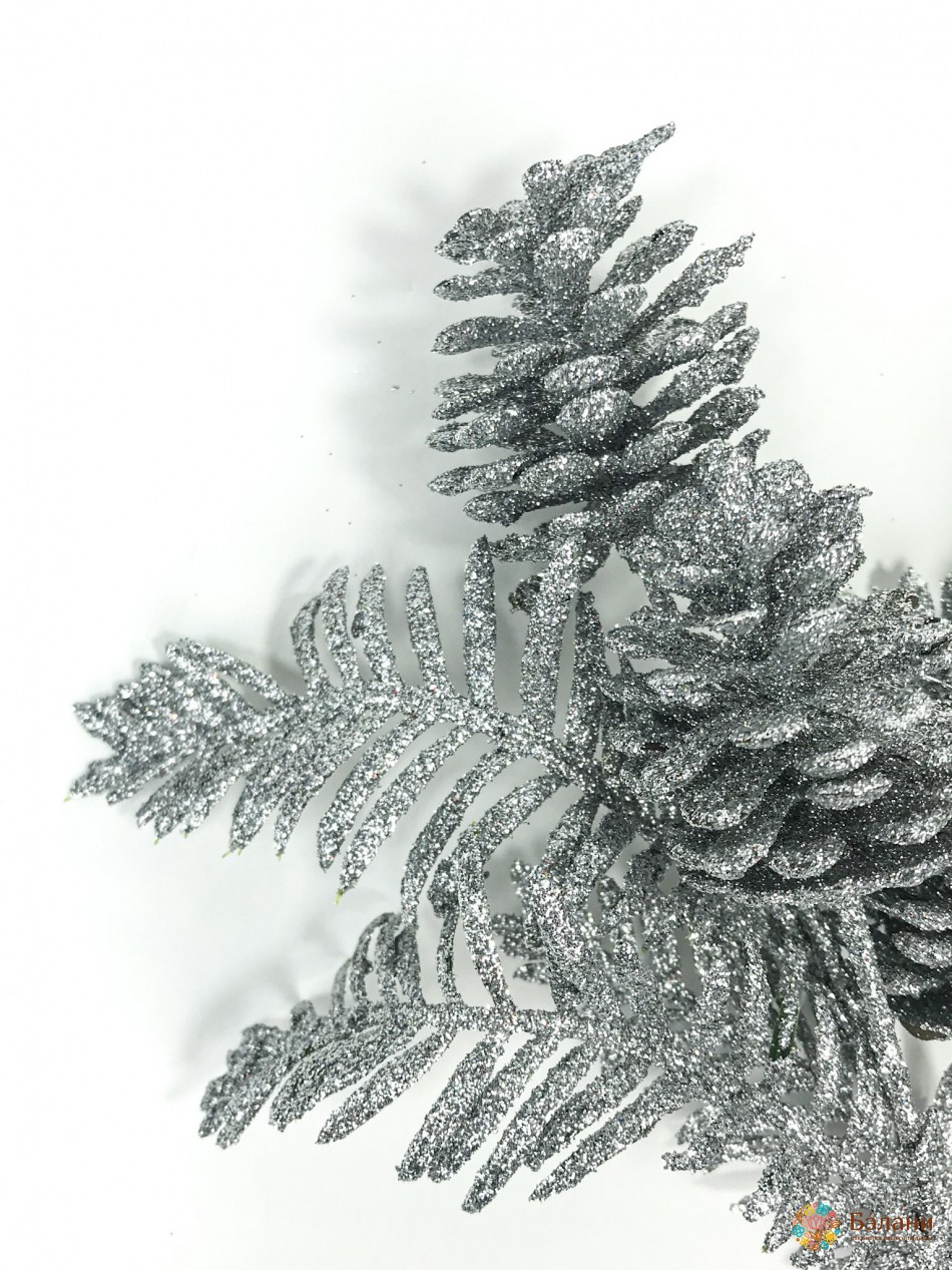 Новорічний декор "Гілочка з шишками" срібло | 2